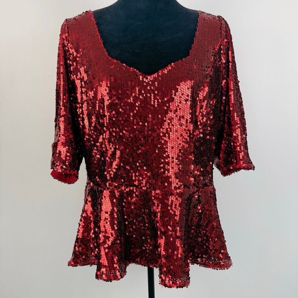 City Chic Sequin Sweetheart Neck Top A Line Red Short Sleeve Plus Size 16 NEW